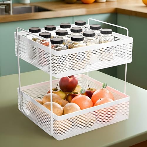 flymore 2-Tier Metal Square Kitchen Rack Stand Organiser | Countertop Organizer Kitchen Bathroom Standing Rack | Spice, Oil, Masala, Cosmetic & Bathroom Vanity Storage Rack Shelf | Dark White - Image 1