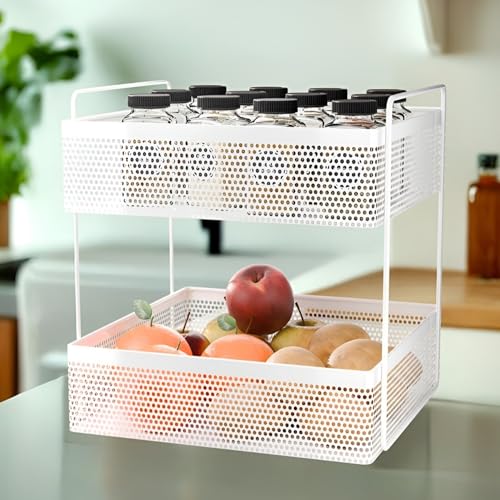 flymore 2-Tier Metal Square Kitchen Rack Stand Organiser | Countertop Organizer Kitchen Bathroom Standing Rack | Spice, Oil, Masala, Cosmetic & Bathroom Vanity Storage Rack Shelf | Dark White - Image 4
