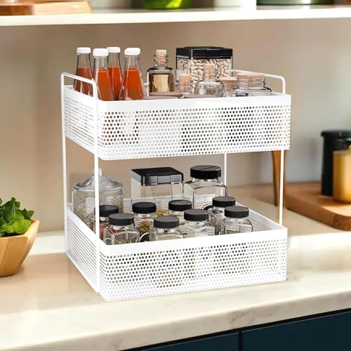 flymore 2-Tier Metal Square Kitchen Rack Stand Organiser | Countertop Organizer Kitchen Bathroom Standing Rack | Spice, Oil, Masala, Cosmetic & Bathroom Vanity Storage Rack Shelf | Dark White - Image 2