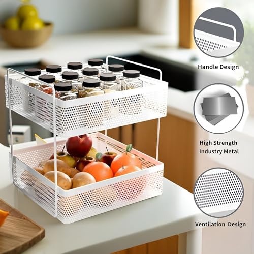 flymore 2-Tier Metal Square Kitchen Rack Stand Organiser | Countertop Organizer Kitchen Bathroom Standing Rack | Spice, Oil, Masala, Cosmetic & Bathroom Vanity Storage Rack Shelf | Dark White - Image 3
