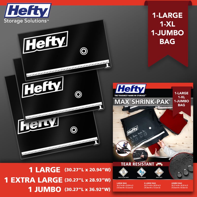 Hefty MAX Shrink-Pak Vacuum Seal Storage Bags for Clothing, Travel, Bedding | Tear & Water Resistant, Dual-Valve Space Saver Compression Bags, Pump Included - Jumbo (30x36 Inch), 3-Pack - Image 4