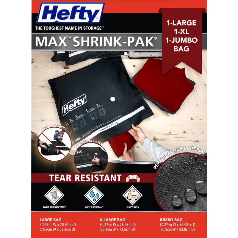 Hefty MAX Shrink-Pak Vacuum Seal Storage Bags for Clothing, Travel, Bedding | Tear & Water Resistant, Dual-Valve Space Saver Compression Bags, Pump Included - Jumbo (30x36 Inch), 3-Pack - Image 1