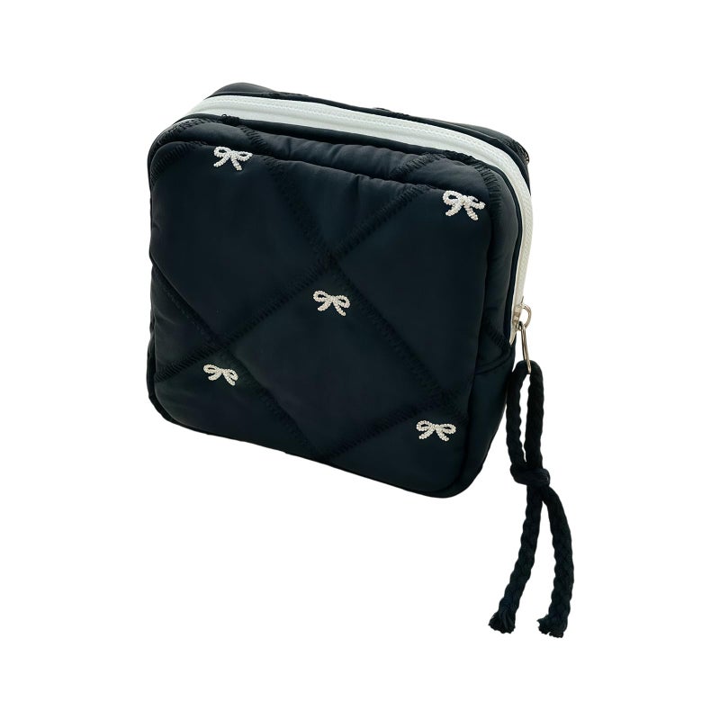 Black Quilted Sanitary Napkin Holder With Bow Decor Travel Toiletry Cosmetic Bag - Image 2
