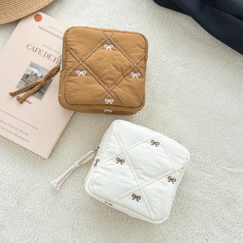 Black Quilted Sanitary Napkin Holder With Bow Decor Travel Toiletry Cosmetic Bag - Image 5