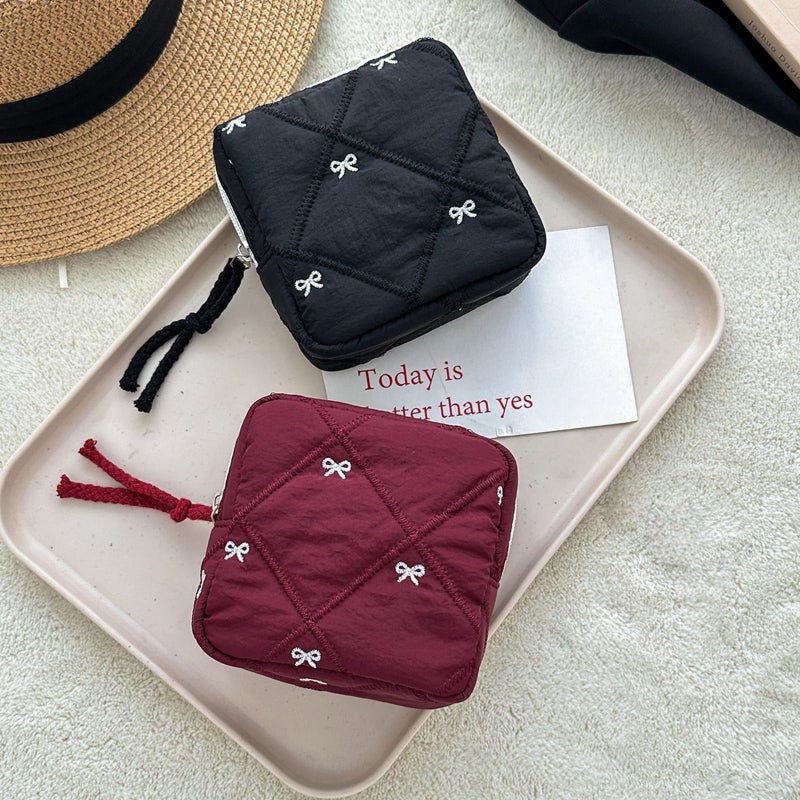 Black Quilted Sanitary Napkin Holder With Bow Decor Travel Toiletry Cosmetic Bag - Image 4