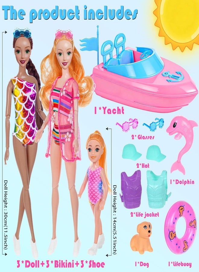 dollbie Fashion Dolls and Boat Playset - 11.5 Inch Dolls with Swimwear, Life Vests, Accessories, 5.5 Inch Doll, Pet Puppy and Dolphin Toy - Summer Beach Adventure Gift Set for Girls - Image 3