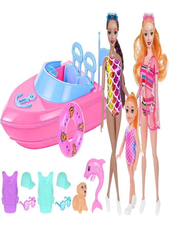 dollbie Fashion Dolls and Boat Playset - 11.5 Inch Dolls with Swimwear, Life Vests, Accessories, 5.5 Inch Doll, Pet Puppy and Dolphin Toy - Summer Beach Adventure Gift Set for Girls - Image 1