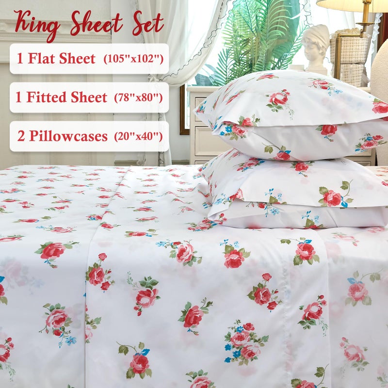 MICORAL مجموعة الأوراق ذات حجم كينج Micoral (الوردي الأزهار) صفائح سرير مطبوعة من 4 قطع 16 "" "Deep Pocket Ultra Soft & التبريد ورقة Oeko-Tex معتمدة - Image 3