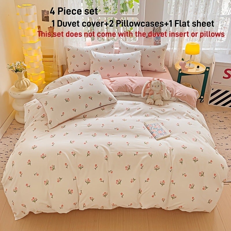 4pcs Set: 1 Floral Duvet Cover + 2 Pillowcases + 1 Flat Sheet, Wrinkle-Effect All-Season Bedding (Excludes Pillow Inserts and Comforter) - Image 4