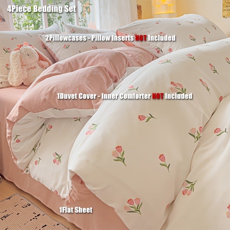 4pcs Set: 1 Floral Duvet Cover + 2 Pillowcases + 1 Flat Sheet, Wrinkle-Effect All-Season Bedding (Excludes Pillow Inserts and Comforter) - Image 1