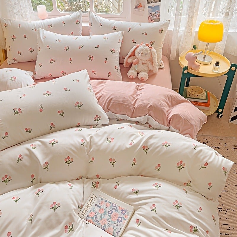 4pcs Set: 1 Floral Duvet Cover + 2 Pillowcases + 1 Flat Sheet, Wrinkle-Effect All-Season Bedding (Excludes Pillow Inserts and Comforter) - Image 3