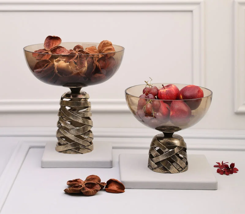 يسكن Dwell-Antique Brass Finished Aluminium With  Ombre Antique Gold Coloured Glass Bowl-25X25X21.5CM-Gold