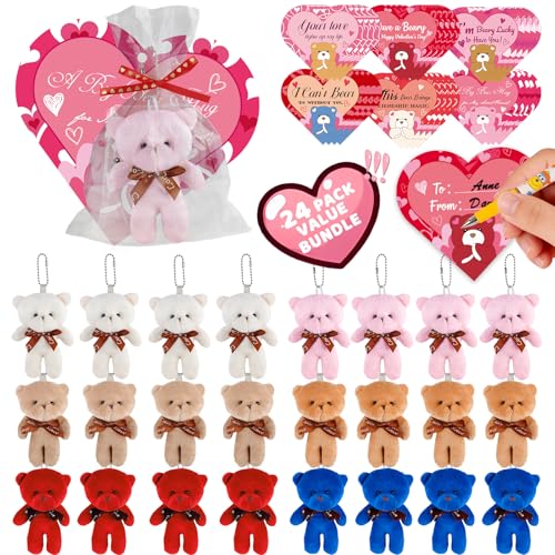Plunack Valentines Gift Cards for Kids Classroom 24 Packs Valentines Day Plush Bears Stuffed Animal Mini Plush Toys with Heart Cards Girls Boys Valentine Gifts Party Favors Classroom School Exchange Prize - Image 1