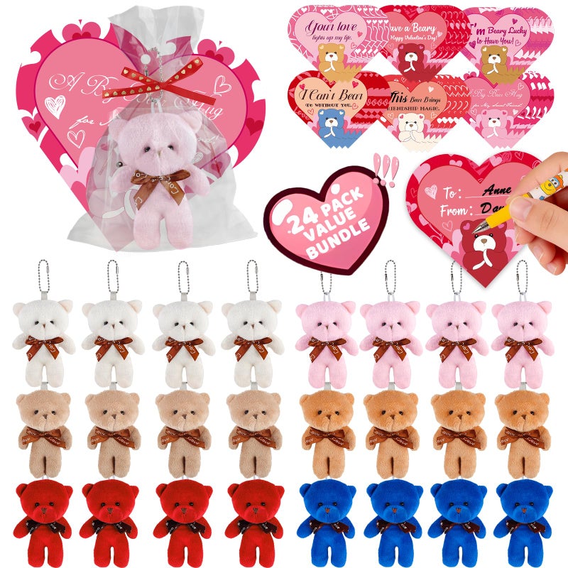 Plunack Valentines Gift Cards for Kids Classroom 24 Packs Valentines Day Plush Bears Stuffed Animal Mini Plush Toys with Heart Cards Girls Boys Valentine Gifts Party Favors Classroom School Exchange Prize - Image 3