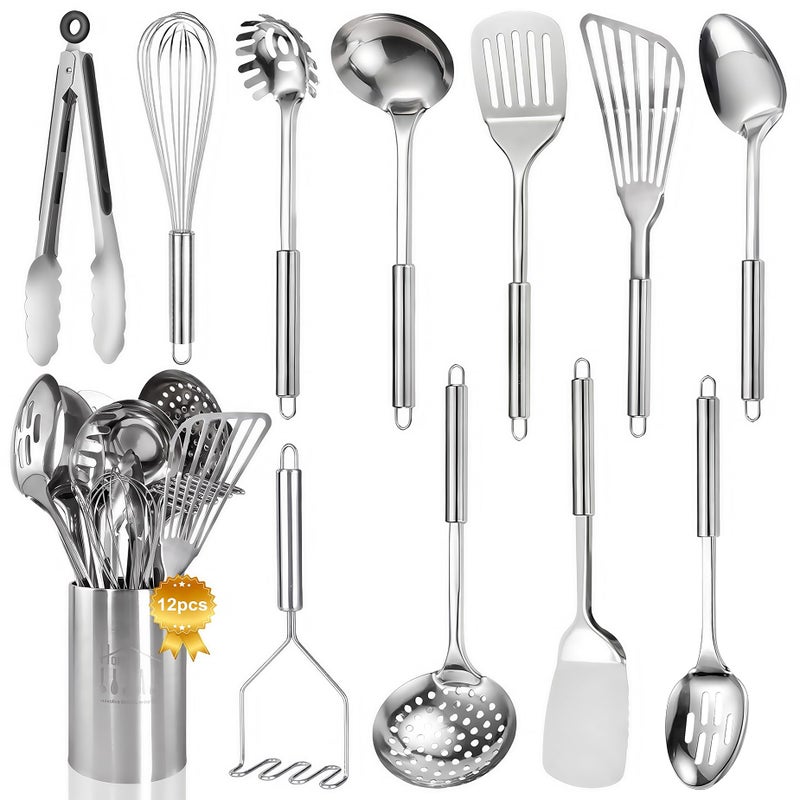 Blithely Stainless Steel Kitchen Utensils Set - 12pcs Cooking Utensils Set with Holder, Heat Resistant Kitchen Tool Set for Cooking with Turners, Potato Masher, Spatula, Spoons, Tongs, Whisk - Image 1
