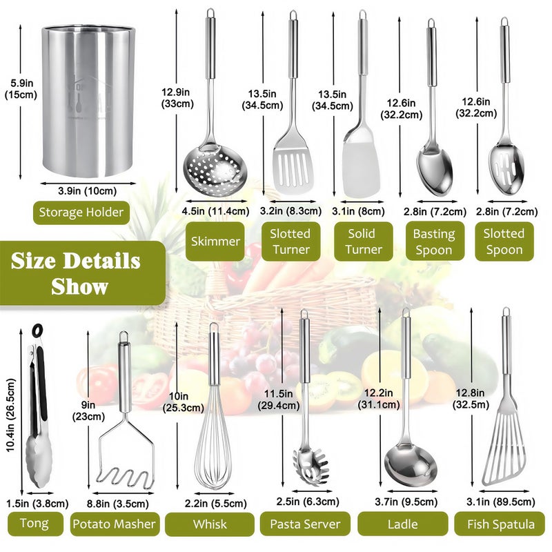 Blithely Stainless Steel Kitchen Utensils Set - 12pcs Cooking Utensils Set with Holder, Heat Resistant Kitchen Tool Set for Cooking with Turners, Potato Masher, Spatula, Spoons, Tongs, Whisk - Image 5