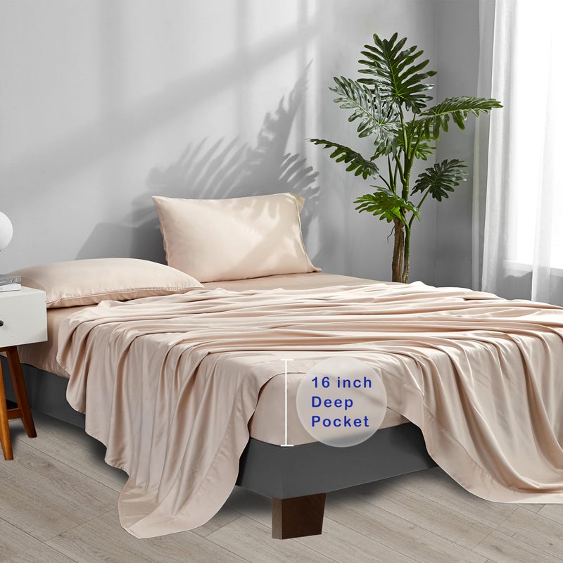 ACCURATEX Cooling Sheets King Size - Viscose Made from Bamboo, Luxury Cool Silky Sheet Set for King Size Bed, Super Soft Breathable Bedding Sheets up to 16 inches Deep Pockect,Sandy - Image 5
