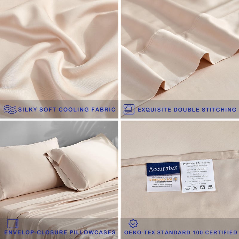 ACCURATEX Cooling Sheets King Size - Viscose Made from Bamboo, Luxury Cool Silky Sheet Set for King Size Bed, Super Soft Breathable Bedding Sheets up to 16 inches Deep Pockect,Sandy - Image 4