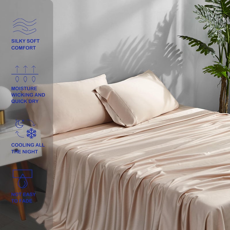 ACCURATEX Cooling Sheets King Size - Viscose Made from Bamboo, Luxury Cool Silky Sheet Set for King Size Bed, Super Soft Breathable Bedding Sheets up to 16 inches Deep Pockect,Sandy - Image 3