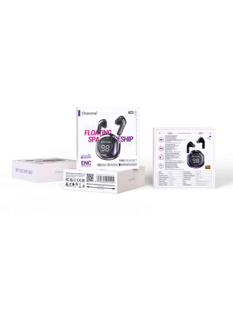 Charome - True Wireless Display Bluetooth Earbuds with Environmental Noise Cancellation (ENC) Enhanced Bass Delivery Dual 13mm Drivers, Double Stereo Noise Cancellation Headset with Dual Mics Black - Image 1