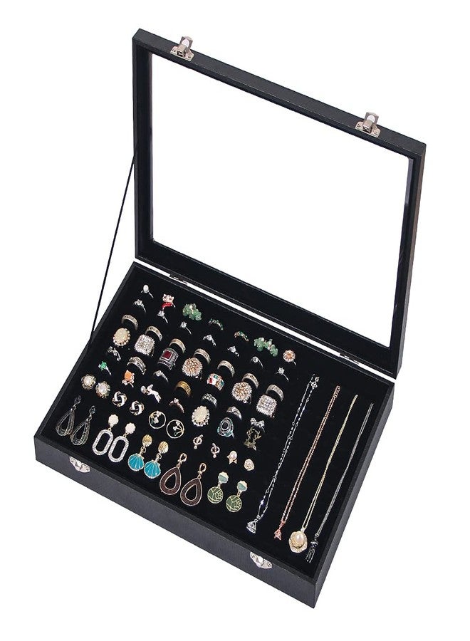 Ausalivan Ring Holder Organizer Box, Jewelry Display Case, Earring Necklace Storage Tray With Top Glass Lid (Black, 100 Slots) - Image 3