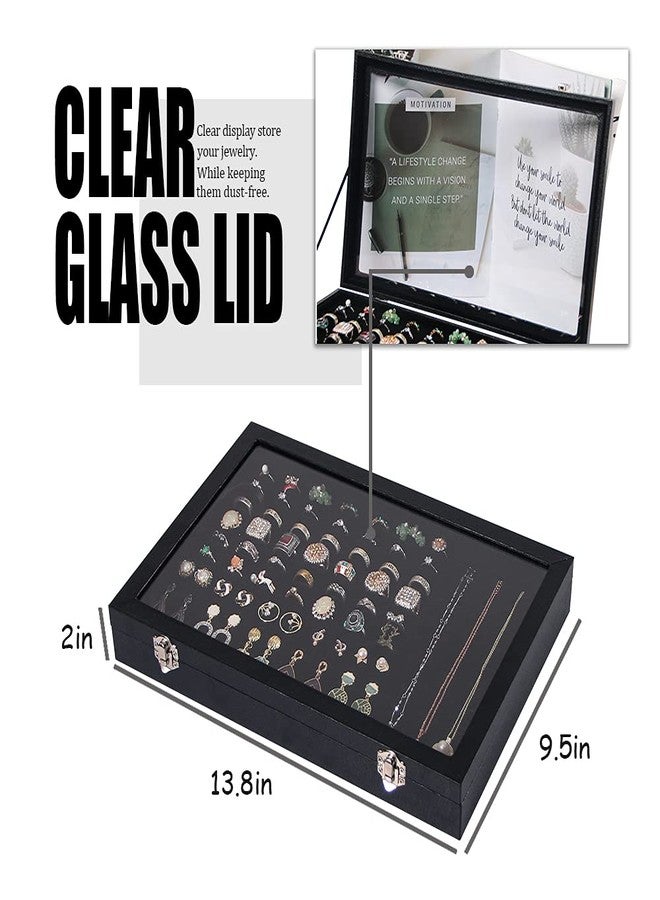 Ausalivan Ring Holder Organizer Box, Jewelry Display Case, Earring Necklace Storage Tray With Top Glass Lid (Black, 100 Slots) - Image 4