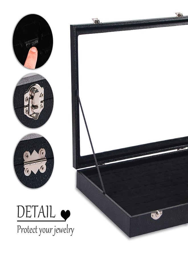 Ausalivan Ring Holder Organizer Box, Jewelry Display Case, Earring Necklace Storage Tray With Top Glass Lid (Black, 100 Slots) - Image 5