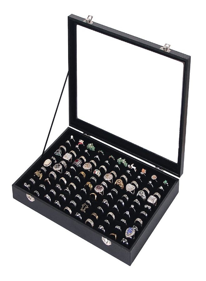Ausalivan Ring Holder Organizer Box, Jewelry Display Case, Earring Necklace Storage Tray With Top Glass Lid (Black, 100 Slots) - Image 1