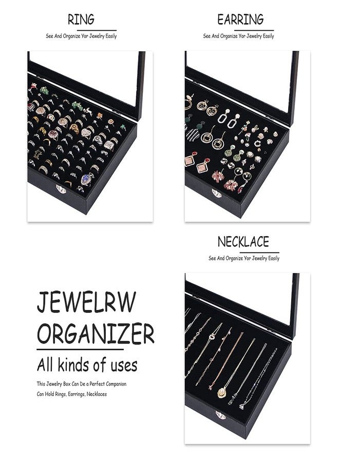 Ausalivan Ring Holder Organizer Box, Jewelry Display Case, Earring Necklace Storage Tray With Top Glass Lid (Black, 100 Slots) - Image 2