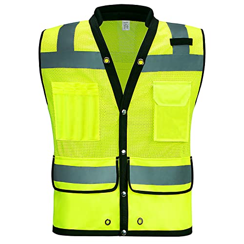 LOHASPRO Neon Yellow Reflective Visibility Vest, Class 2 Surveyor Safety Vest with Pockets, Mesh Construction, XL - Image 1