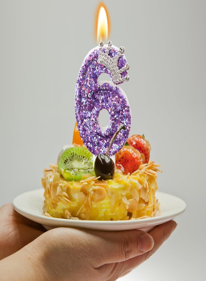 AKURIEEY Birthday Number Candles,Purple Crown Birthday Candles for Cake,Glitter Number 1 Candle Cake Topper with Sequins for Anniversary Celebrations Supplies (Number 6) - Image 3