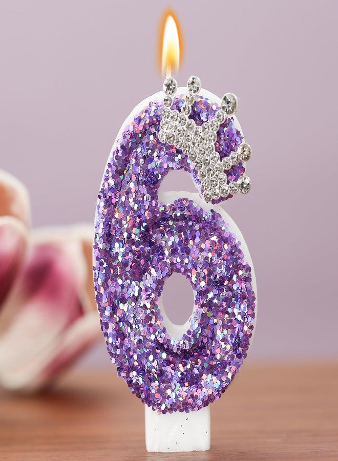 AKURIEEY Birthday Number Candles,Purple Crown Birthday Candles for Cake,Glitter Number 1 Candle Cake Topper with Sequins for Anniversary Celebrations Supplies (Number 6) - Image 2