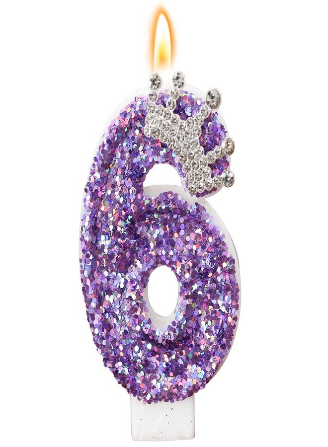 AKURIEEY Birthday Number Candles,Purple Crown Birthday Candles for Cake,Glitter Number 1 Candle Cake Topper with Sequins for Anniversary Celebrations Supplies (Number 6) - Image 1