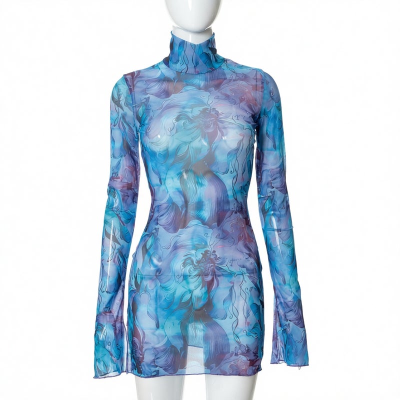 Printed Mesh Flare Sleeve Side Slit Bodycon Dress - Image 4