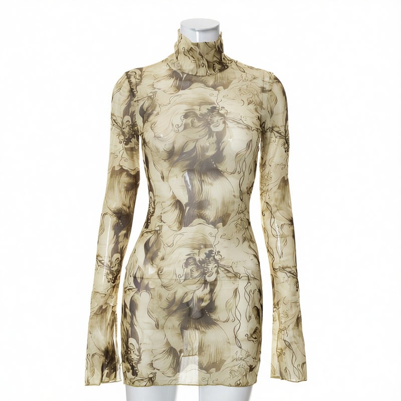 Printed Mesh Flare Sleeve Side Slit Bodycon Dress - Image 2