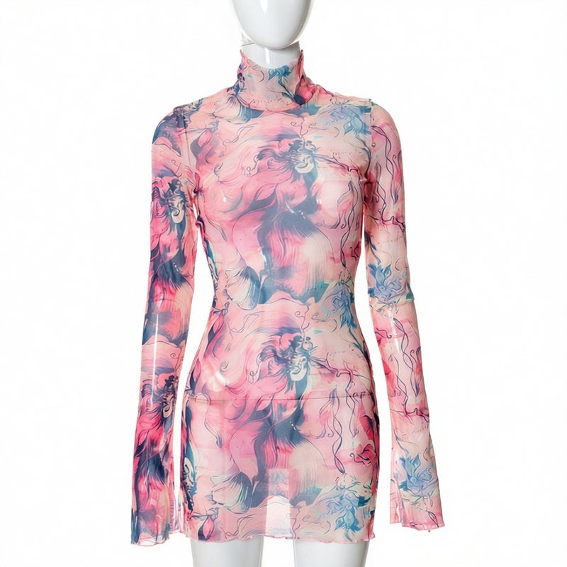 Printed Mesh Flare Sleeve Side Slit Bodycon Dress - Image 3