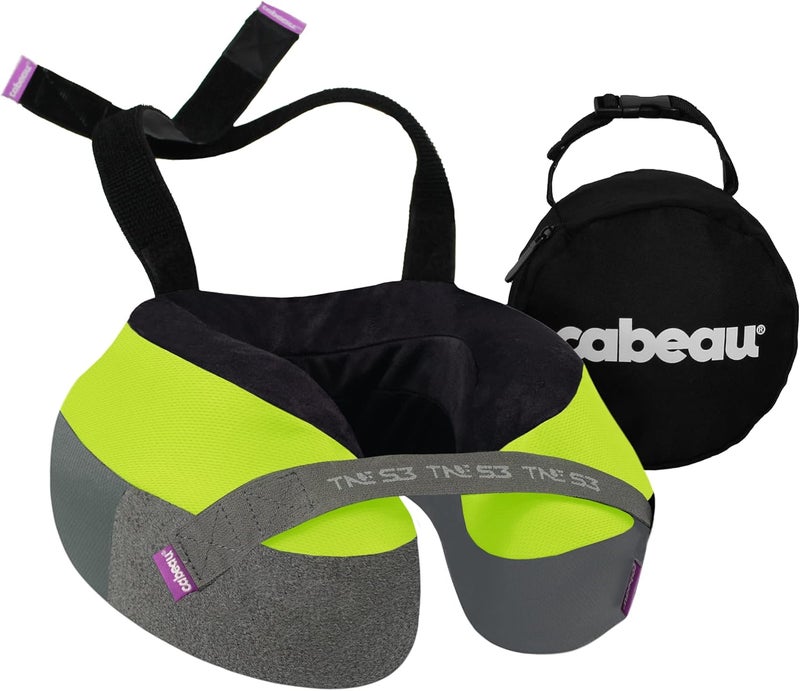 Cabeau Travel Neck Pillow for Airplanes – The Neck’s Evolution, TNE S3 – Supportive Memory Foam Design for Long Haul Flights – Attachable Seat Straps and 360° Support (Vegas Neon Yellow) - Image 1