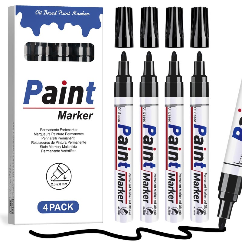 DAPAWIN Black Paint Pen Permanent Marker Waterproof -4 Black paint markers,paint marker for Metal,Rocks,Wood,Plastic,Tire,Glass,Fabric,label,Medium Tip,Oil Based Markers Pens Permanent - Image 1
