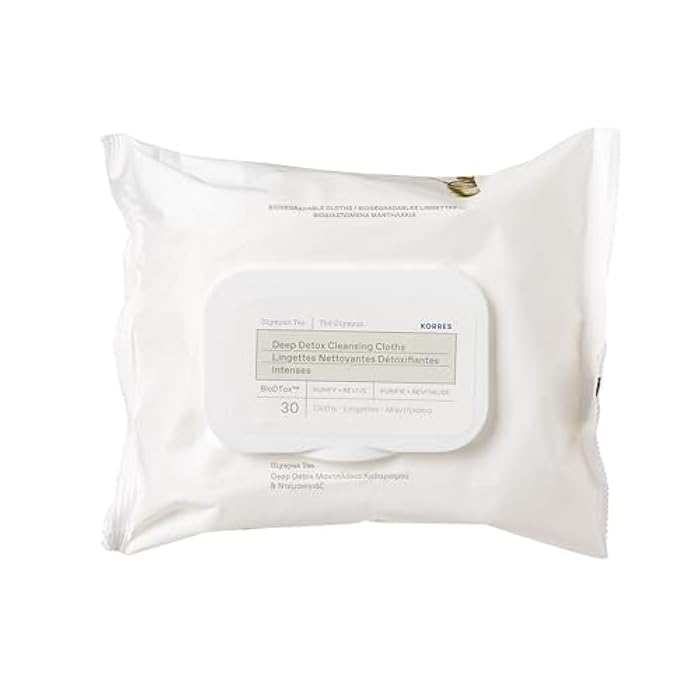 KORRES Olympus Tea Deep Detox Cleansing Cloths, Face & Makeup Remover Wipes, Purifying Skin Care for Women & Men, Disposable, Vegetarian, Made in Greece, 30 Count, Stocking Stuffer - Image 1