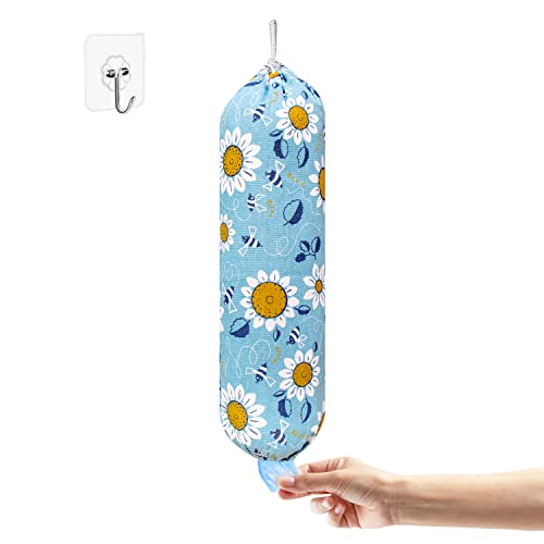 Plastic Bag Holder Wall Mount Plastic Bag Organizer Washable Large Grocery Bag Storage Dispenser Shopping Bags Carrier for Home Kitchen Travelling Free Adjustment with Drawstring Sunflower22x9