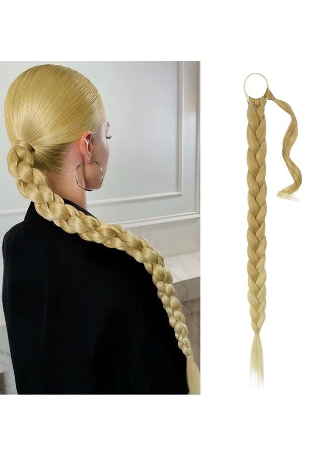 BARSDAR Long Braided Ponytail Extension, Straight Wrap Around Braided Ponytail with Hair Tie Pony Tail DIY Natural Soft Synthetic Hair Piece for Women Girls-26'' Golden Blonde Ombre Bleach Blonde - Image 1