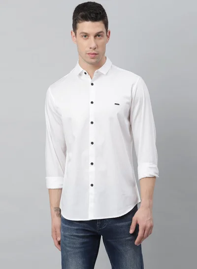 Dennis Lingo Slim Fit White Men's Solid Shirt, Spread Collar, Full Sleeves, 100% Cotton