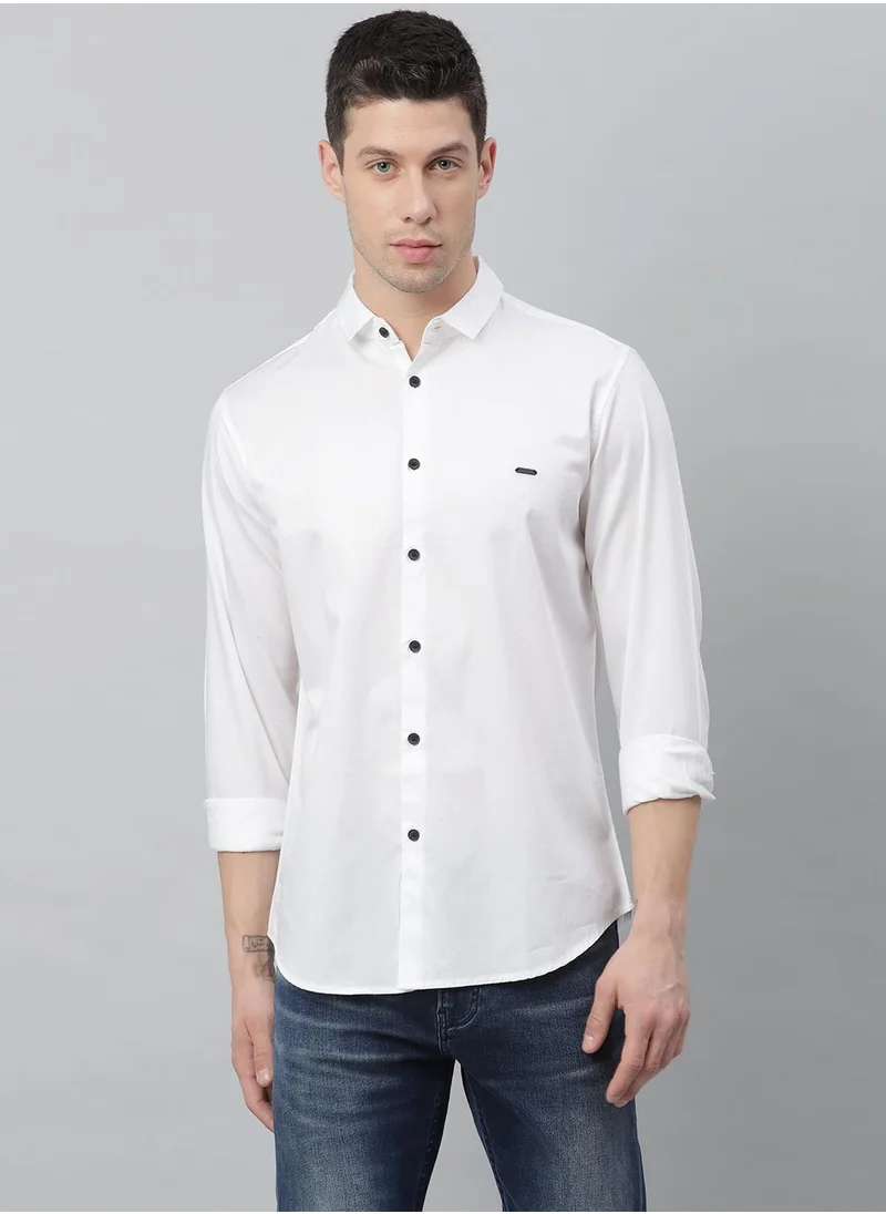 Dennis Lingo Slim Fit White Men's Solid Shirt, Spread Collar, Full Sleeves, 100% Cotton