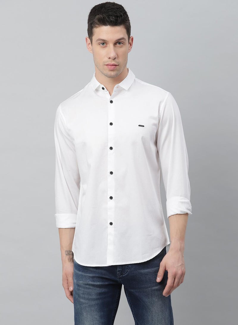Dennis Lingo Slim Fit White Men's Solid Shirt, Spread Collar, Full Sleeves, 100% Cotton  - Image 1