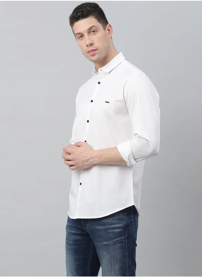 Dennis Lingo Slim Fit White Men's Solid Shirt, Spread Collar, Full Sleeves, 100% Cotton