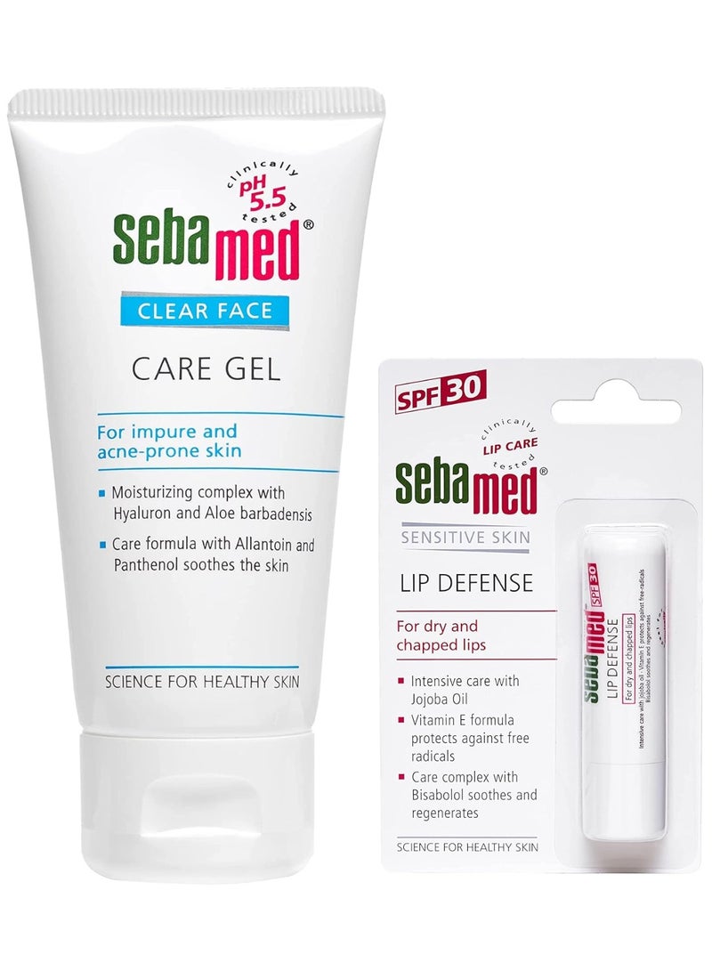 Sebamed Clear Face Care Gel, 50ml & SebaMed SPF 30 Lip Defense Stick, 4.8g - Image 1