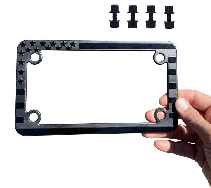 Motorcycle American Flag License Plate Frame - Subdued 3D Embossed USA Flag in Gloss on Matte Black Finish for Motorcycle, Harley