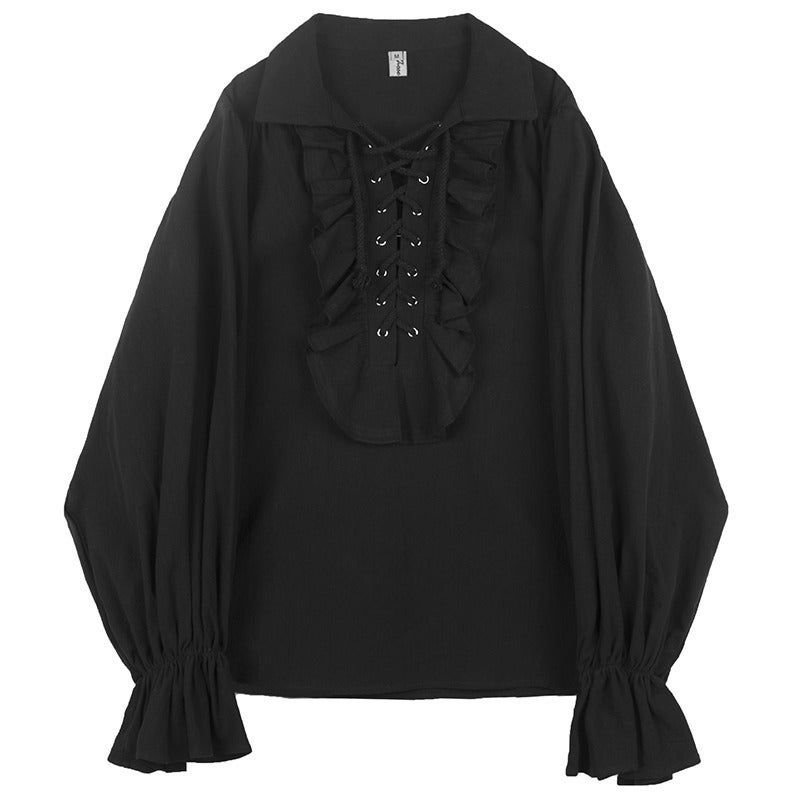 Retro Cuff Collar Ruffled Drawstring Long-Sleeved Shirt Men'S And Women'S Internet Celebrating Fashionable Distinctive Court Shirt
