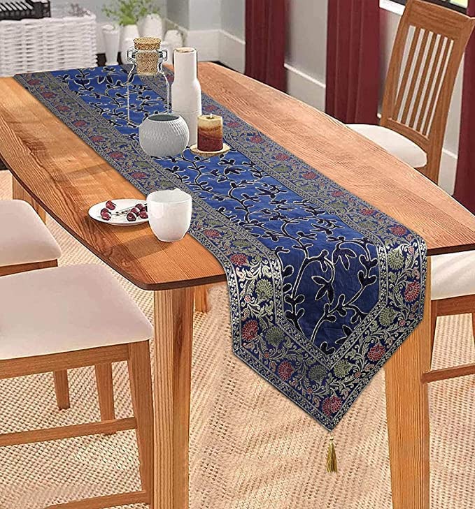 E Ezra Banarasi Silk Table Runner Zari Embroidery V Head Tassels for 4 6 Seater Dining Table Coffee Table or Centre Table14x72 in