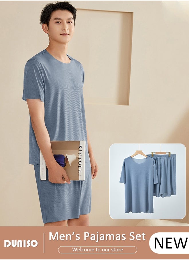 DUNISO Men's Pajamas Set Short Sleeve Summer Relaxed Pajamas Round Neck High Elastic Breathable Thin Pajamas Set  - Image 1